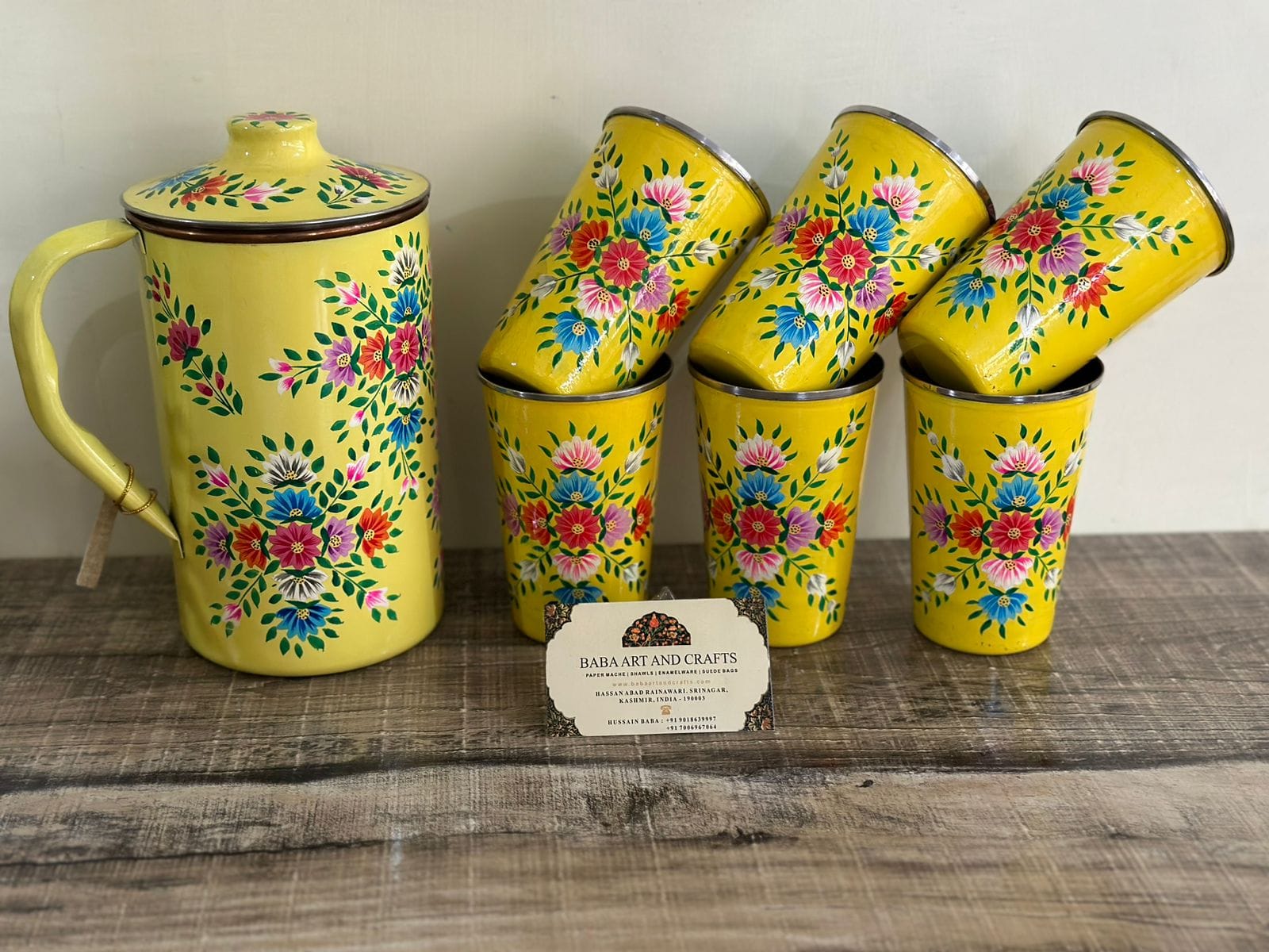 Hand painted jug set, Enamel Ware utensils,Enamelware jug set with 6 hand painted steel glass , kashmiri enamelware, hand painted pitcher